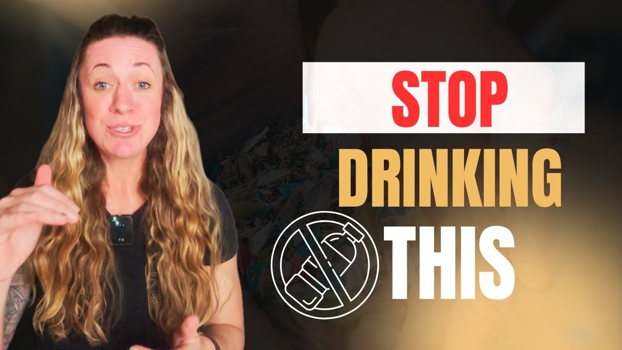A woman is standing in front of a sign that says stop drinking this