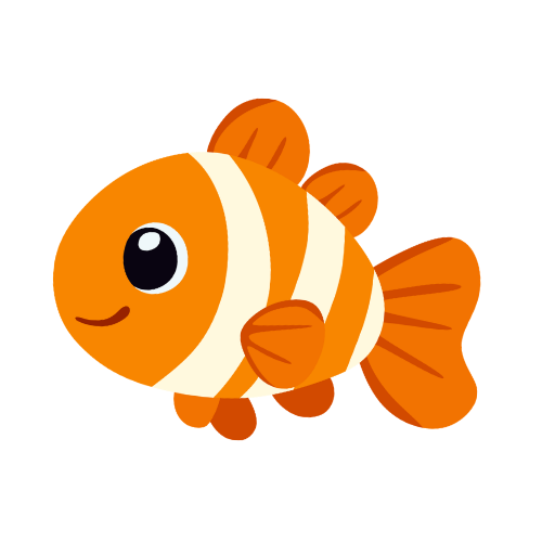 Cute orange-and-white cartoon clownfish with a big eye and smiling face