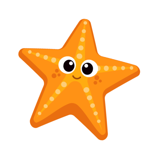 Cute orange cartoon starfish with a smiling face and white spots on a white background