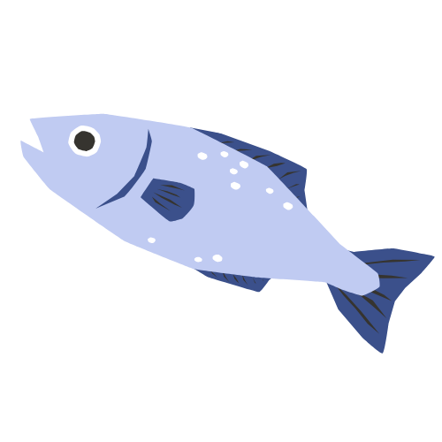 Blue cartoon fish with white spots and dark fins on a white background