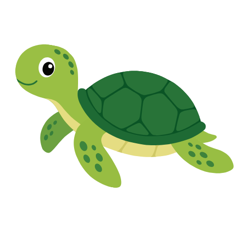 Cartoon green sea turtle swimming, with a dark green shell and spotted flippers