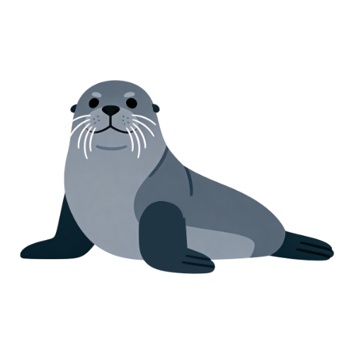 Cartoon gray seal resting on a white background, facing forward.