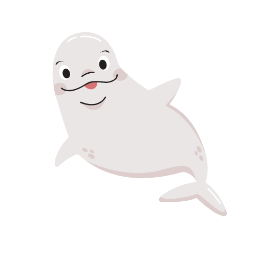 Smiling white cartoon seal with a pink-tinted nose and flippers on a plain background