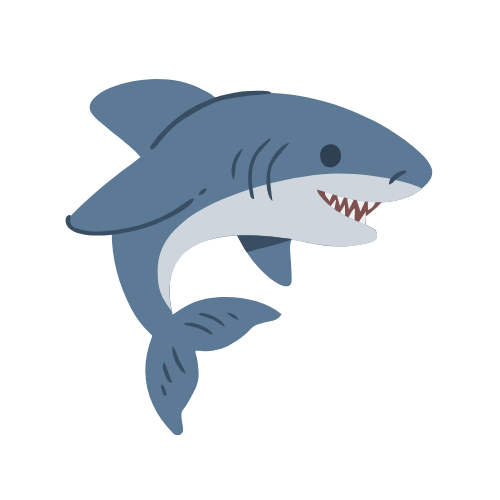 Cartoon blue shark swimming, smiling with sharp teeth and a curved tail.