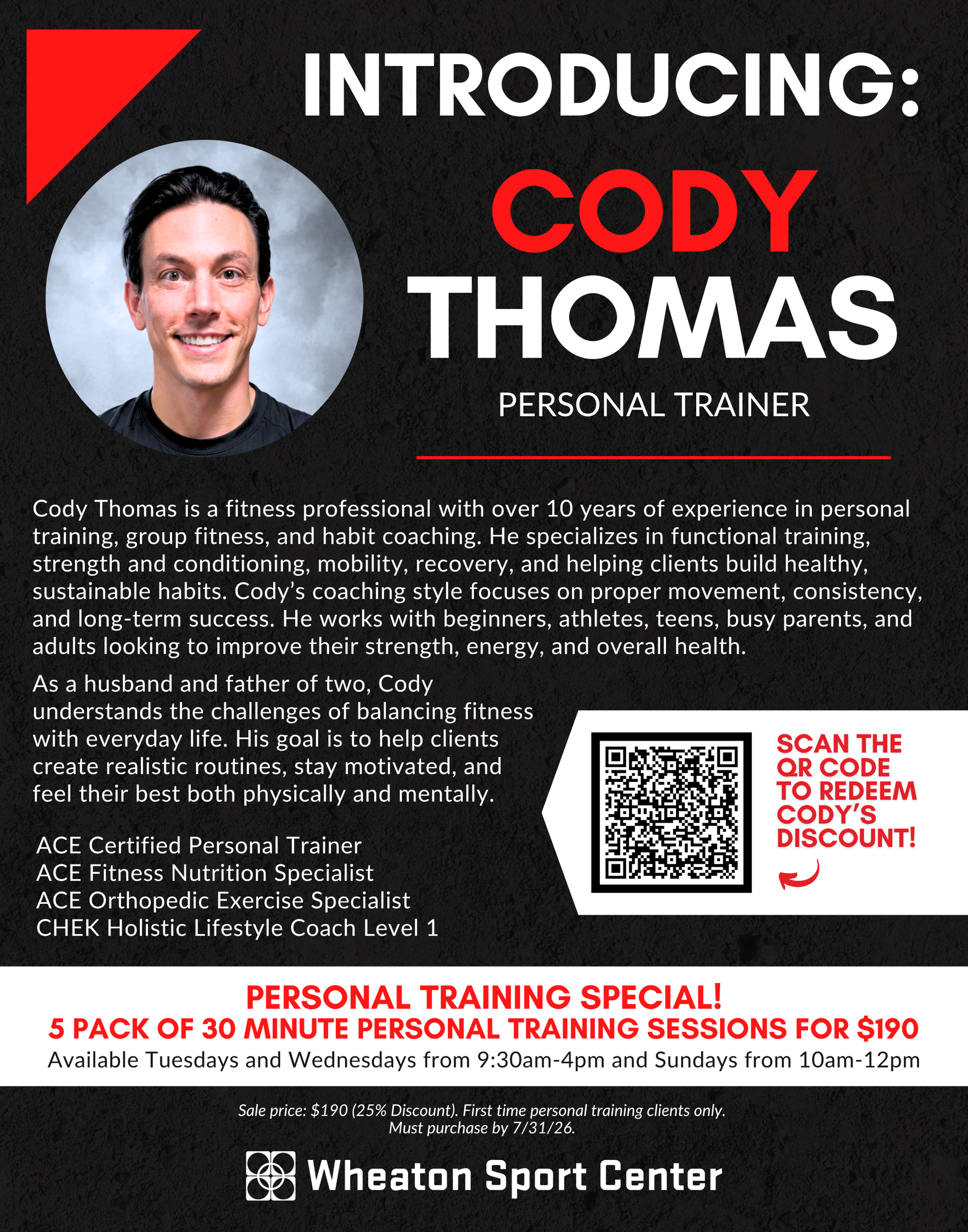 Promotional flyer for Cody Thomas personal trainer with QR code and Wheaton Sport Center logo on black background