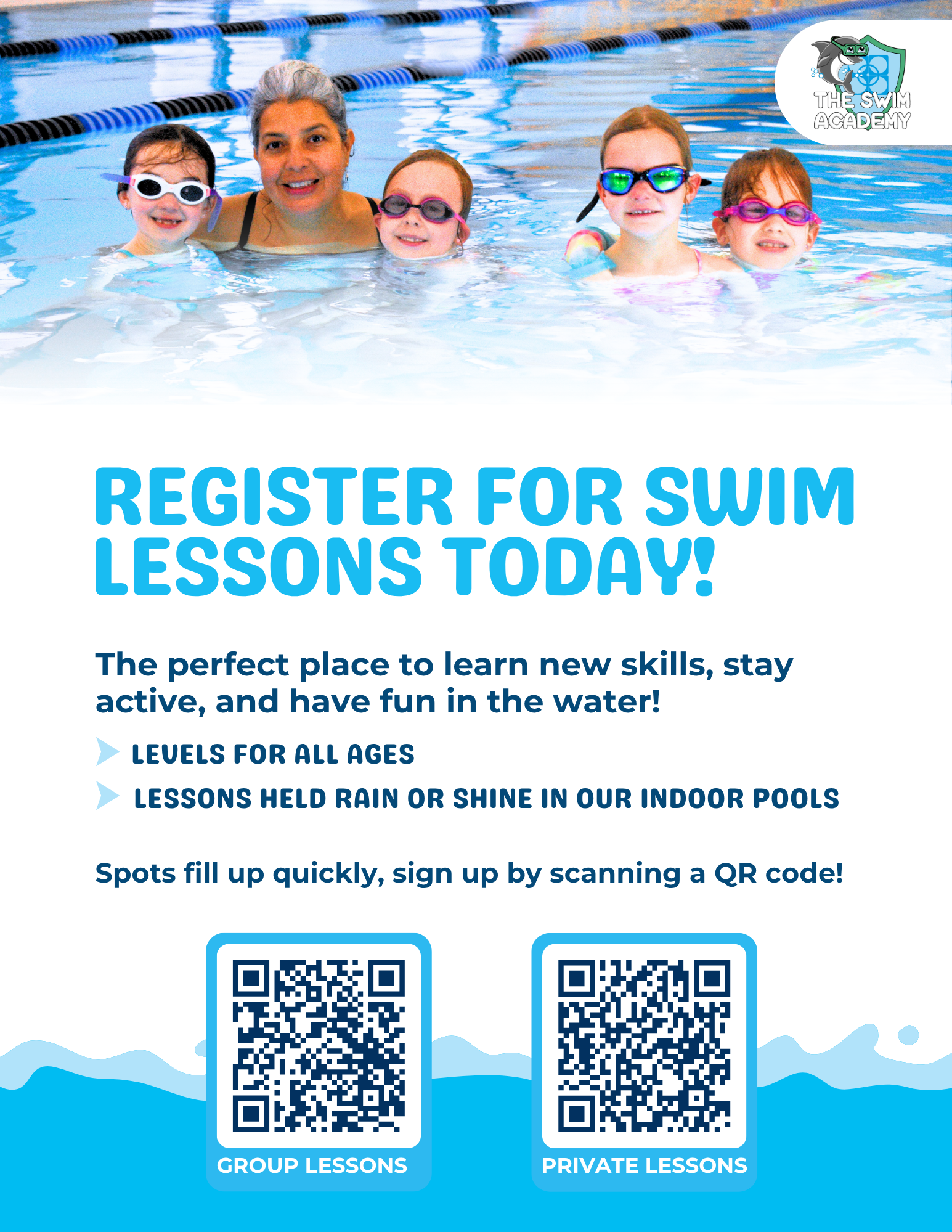 Swimmers in a pool with text: Register for swim lessons today!