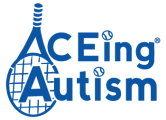 Blue “ACEing Autism” logo with a tennis racket forming the letter A and a globe in the O.