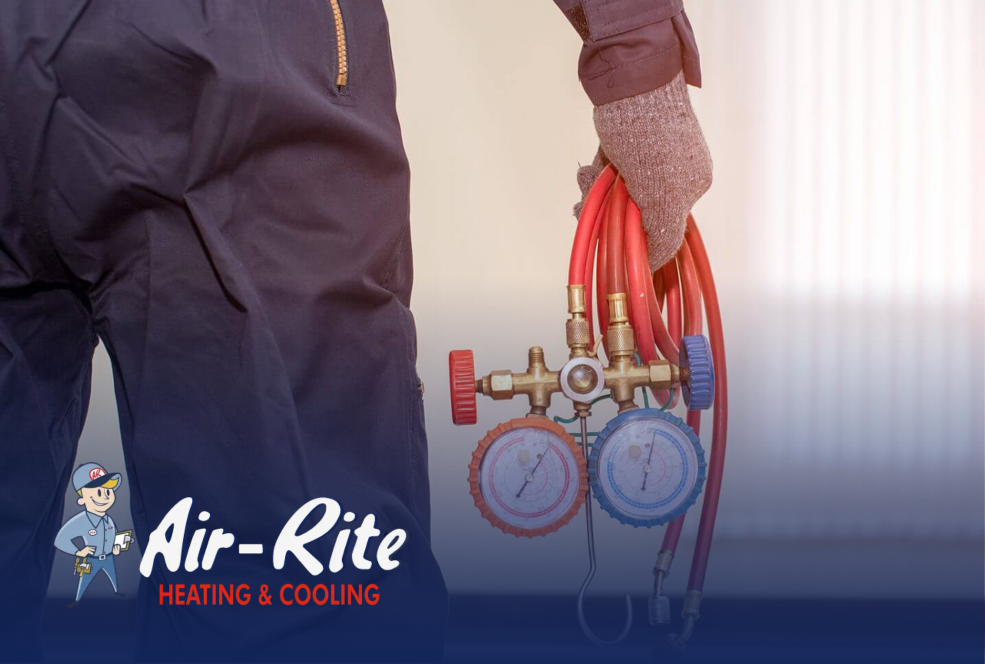 Technician holding HVAC gauges and red hoses beside Air-Rite Heating & Cooling logo