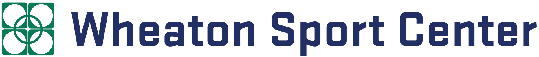 Wheaton Sport Center logo with green four-petal emblem and blue text on white background