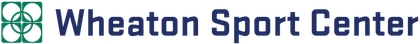 Wheaton Sport Center logo with green four-petal emblem and blue text on white background