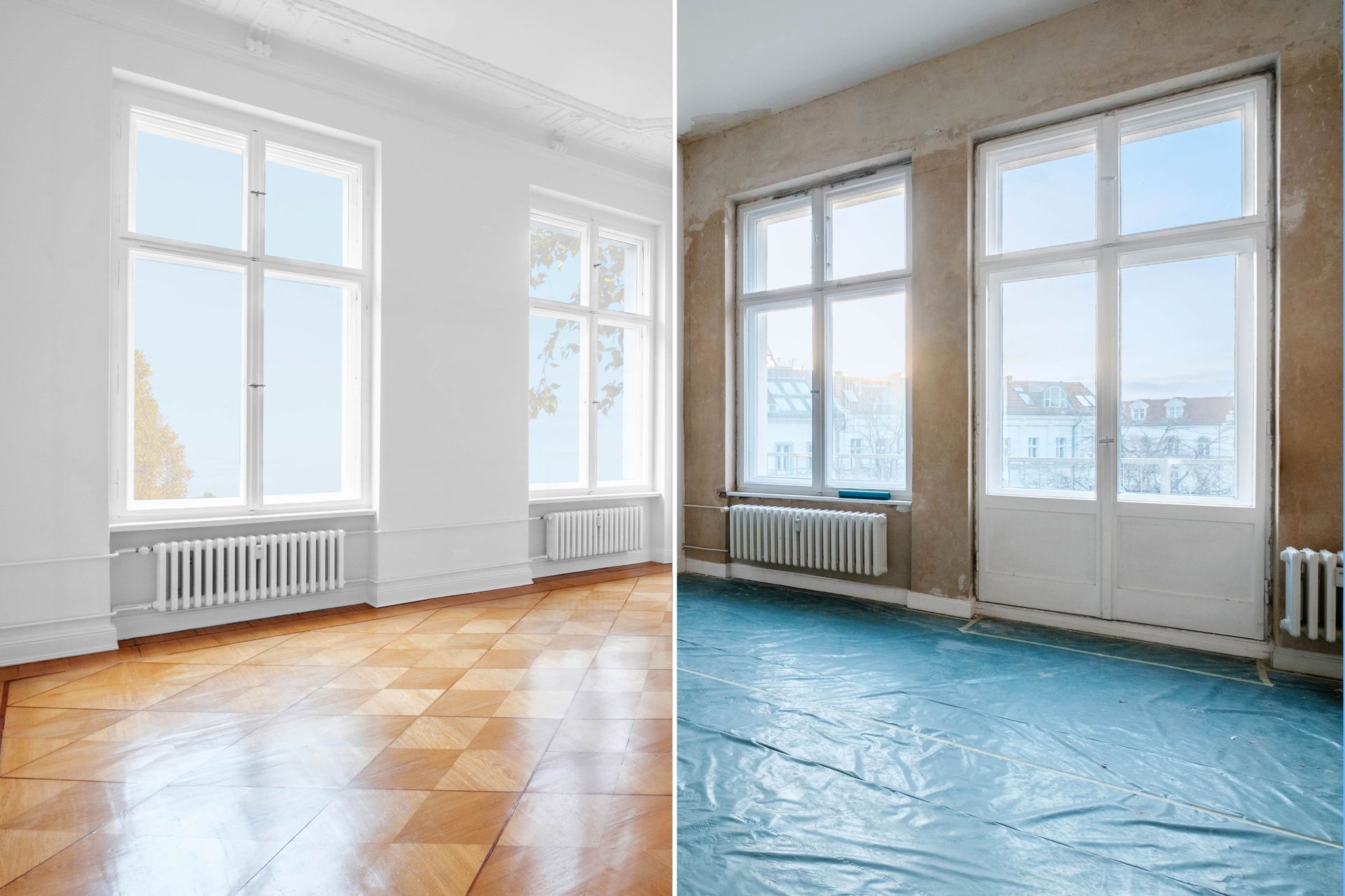 Empty room with large windows, split view of finished hardwood floor and protective blue floor covering