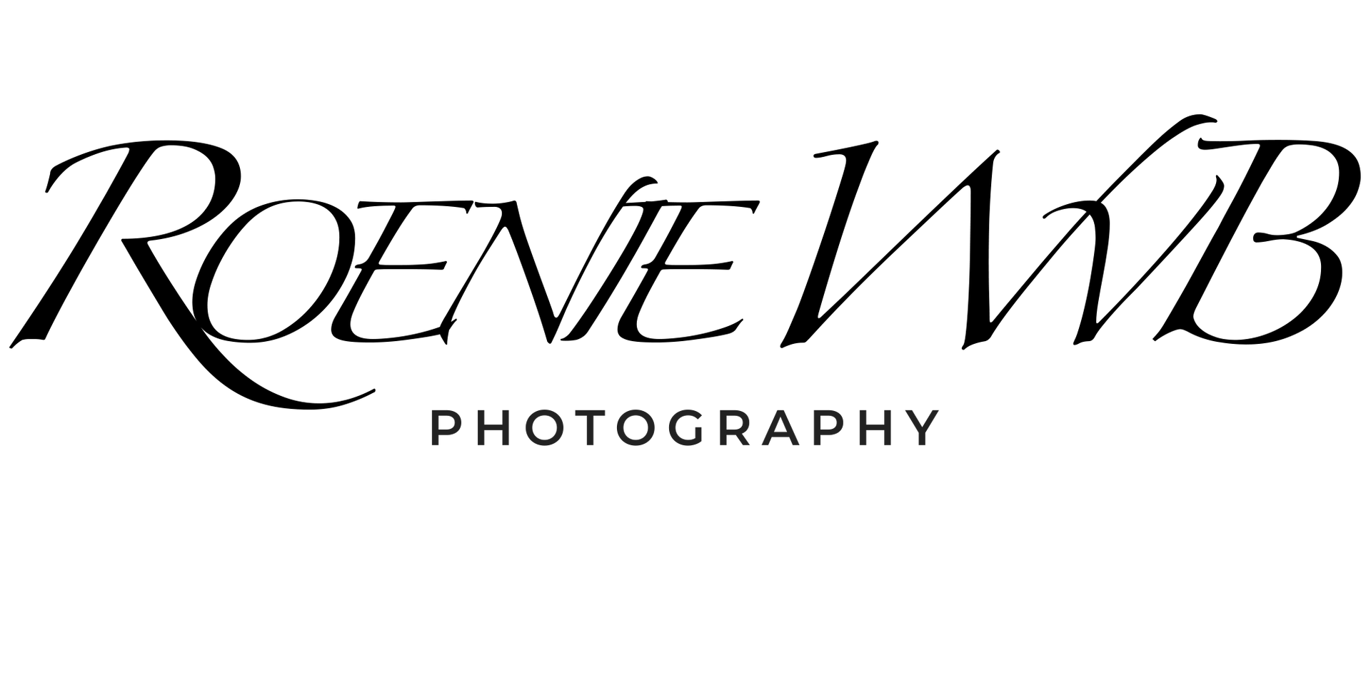 Logo voor Roenie WVB Photography met gestileerde zwarte schreefletters op een witte achtergrond.