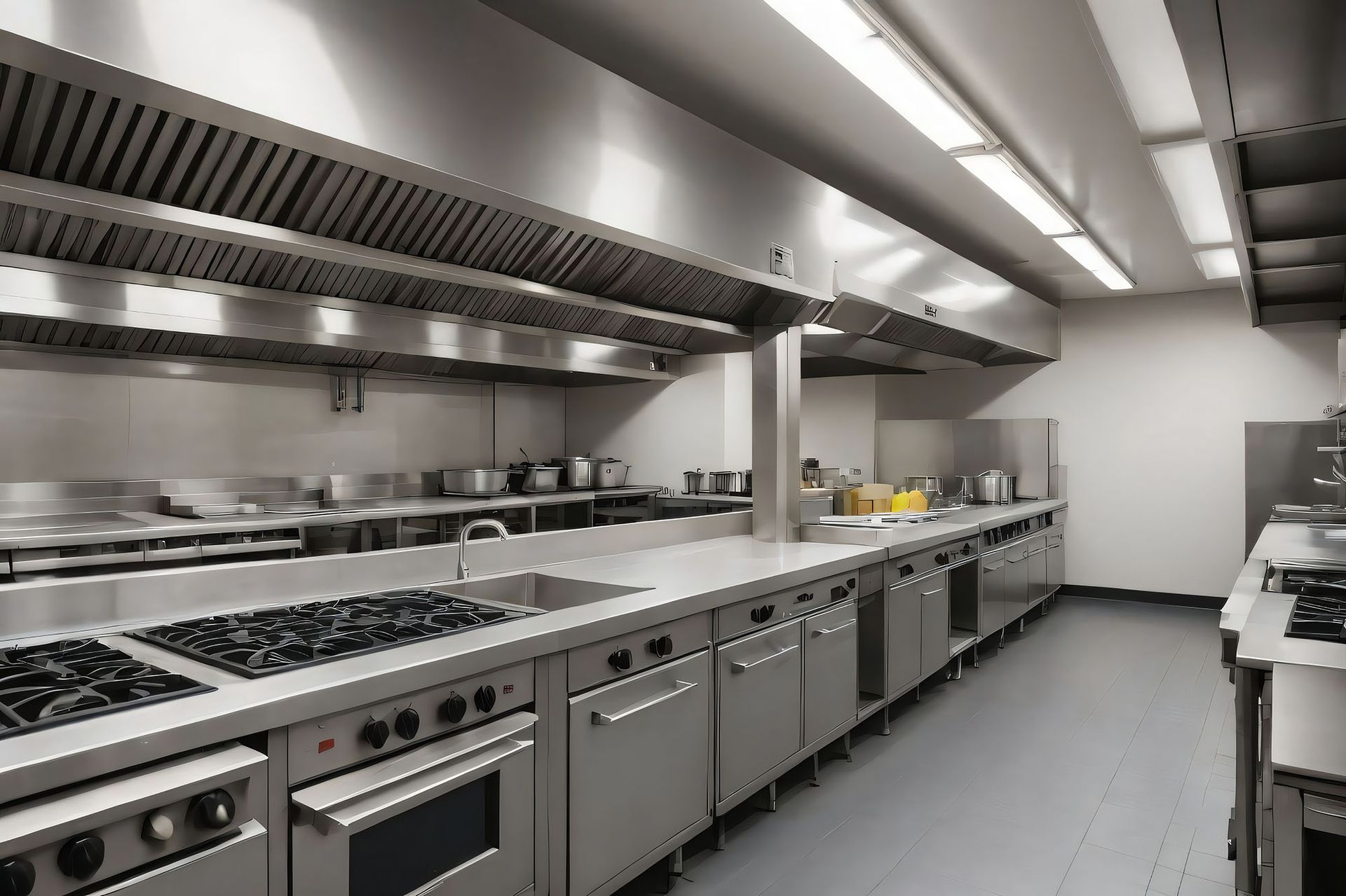 Empty stainless-steel commercial kitchen with stoves, ovens, and overhead vent hoods
