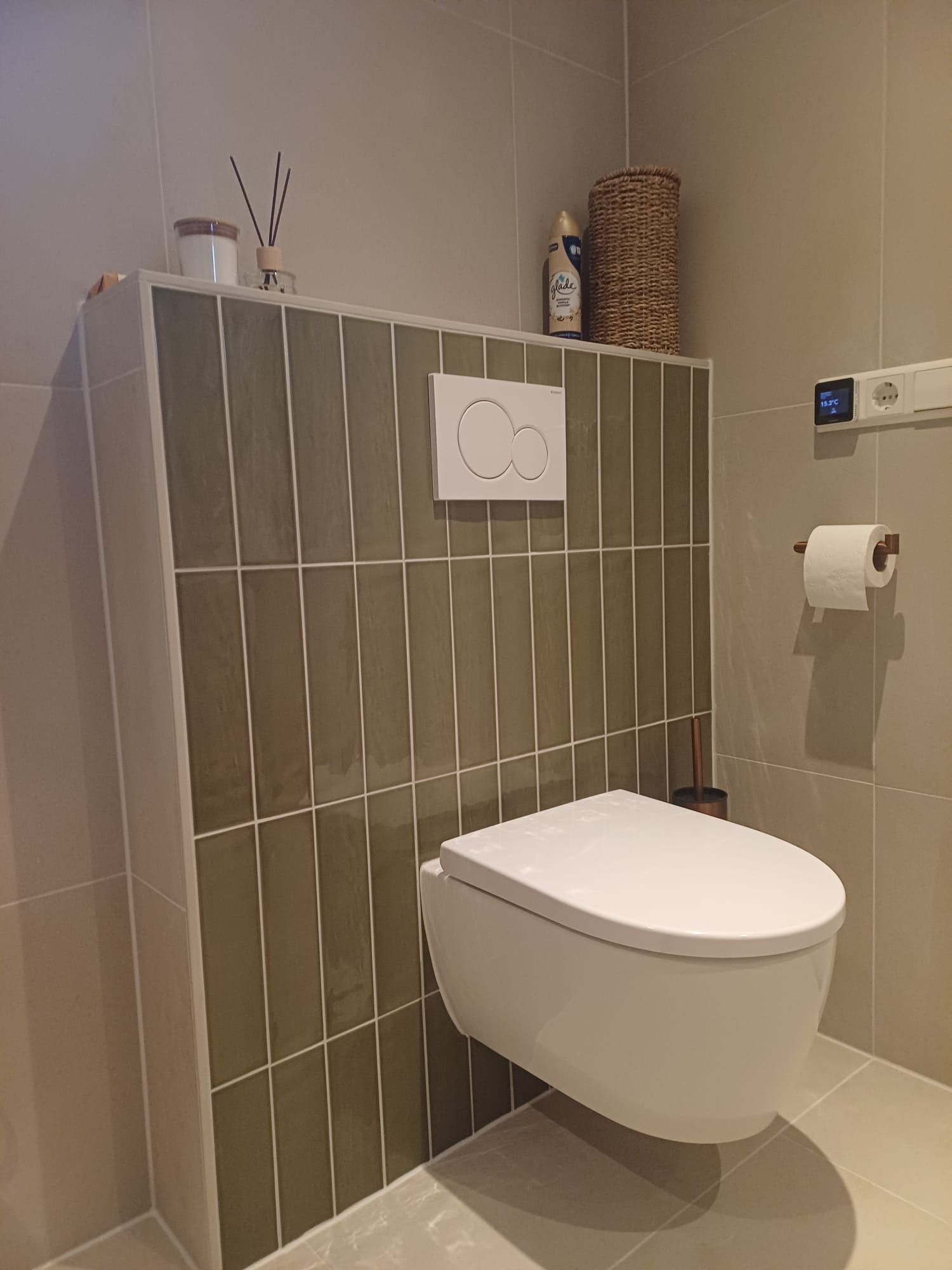 Kleine badkamer met een wandtoilet, een halfhoge muur met groene tegels en een toiletrolhouder.