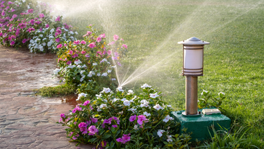 Lawn sprinkler watering pink and white flowers along a paved walkway and a green lawn, next to a decorative light.