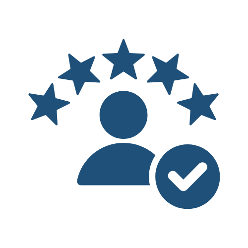 Blue user icon with five stars above and a checkmark badge, suggesting verified customer rating