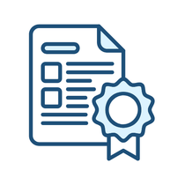Blue outline icon of a certificate or document with a ribbon seal