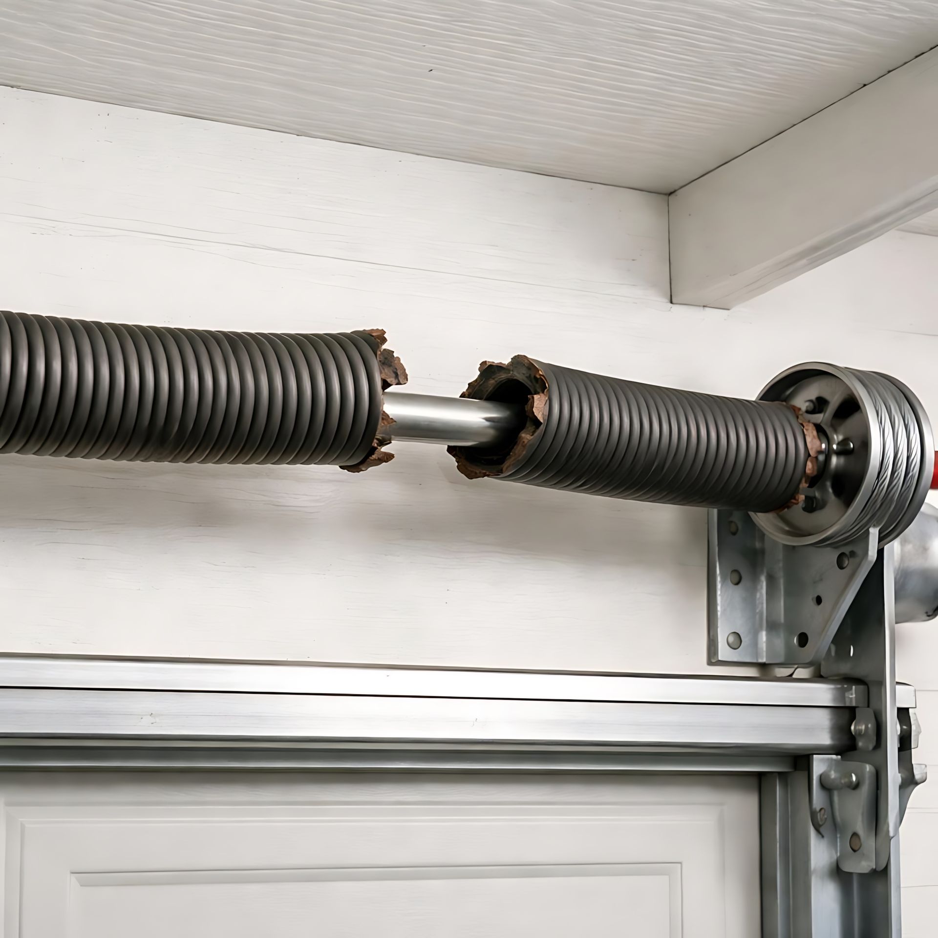 Snapped torsion spring with rusted coils above the white garage door, needing broken spring repair.