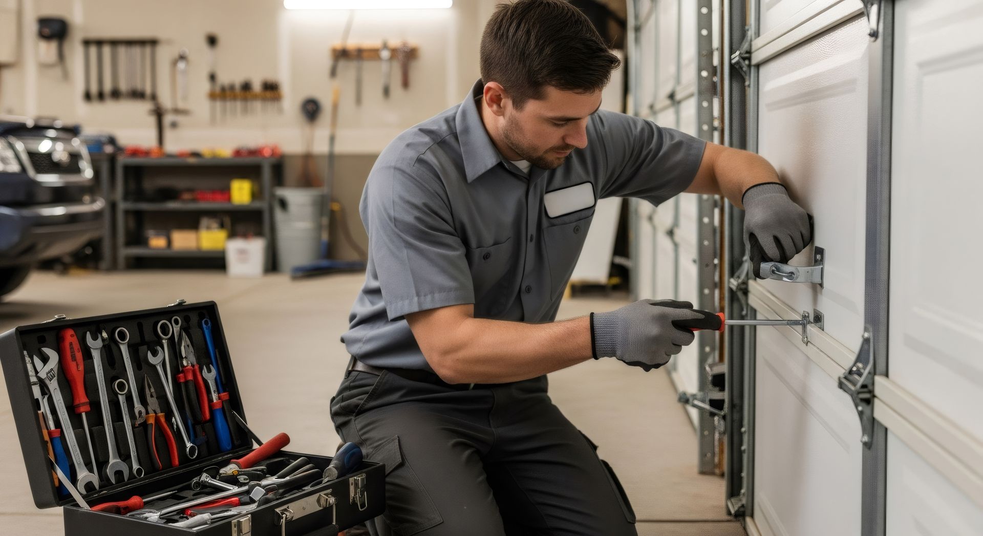 Photograph of a mechanic repairing a garage door using a screwdriver, surrounded by tools in an open toolbox.