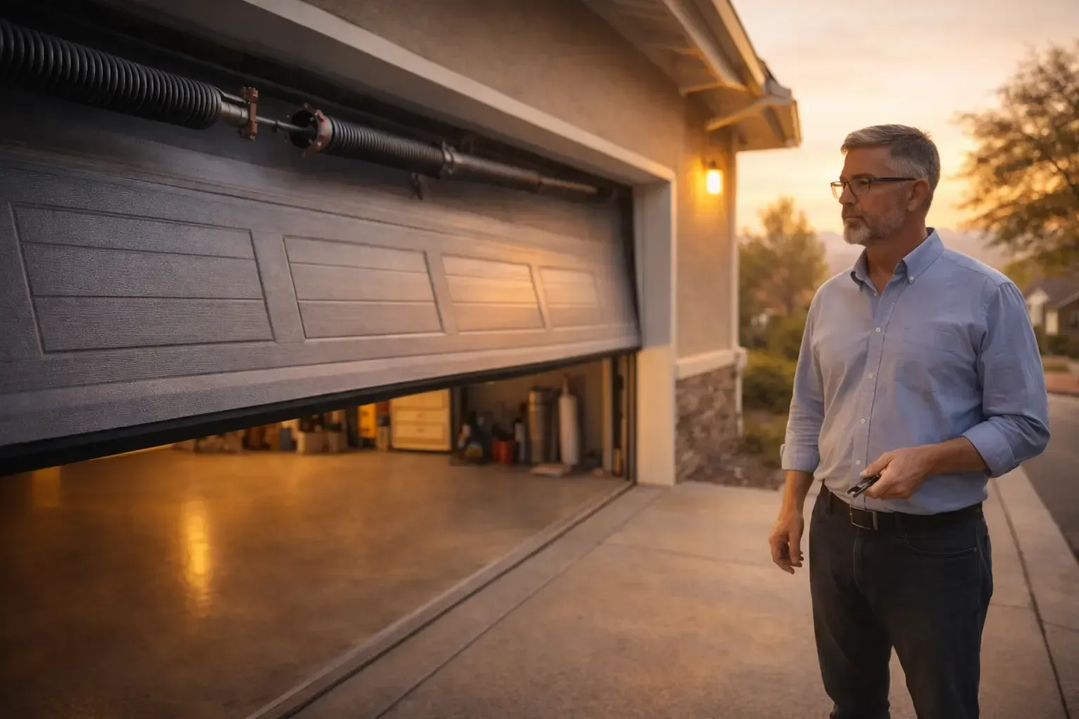 Man standing beside a partially open garage door at sunset