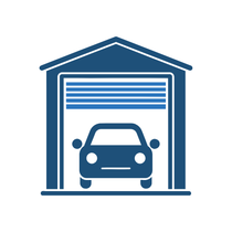 Blue garage icon with a car inside and the door open