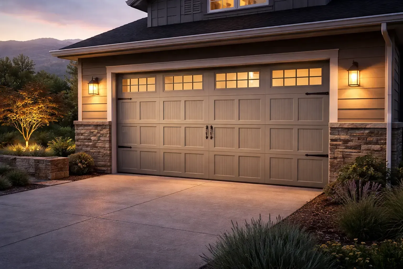 Two-car garage with beige doors and warm exterior lights at dusk