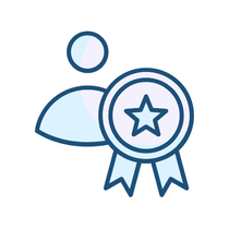 Blue award badge with a star in front of a person icon