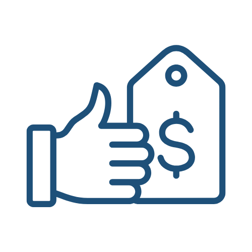 Blue line icon of a hand giving a thumbs-up next to a price tag with a dollar sign