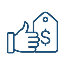 Blue line icon of a hand holding a price tag with a dollar sign