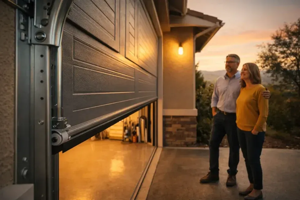 Couple standing in driveway at sunset beside a partially open garage door