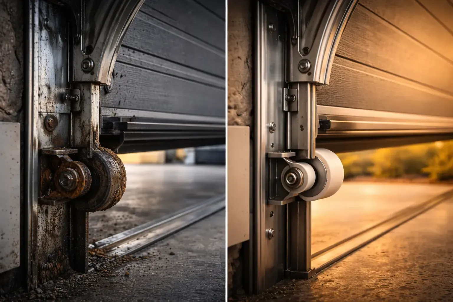 Split view of a garage door roller in dim left and sunlit right lighting.