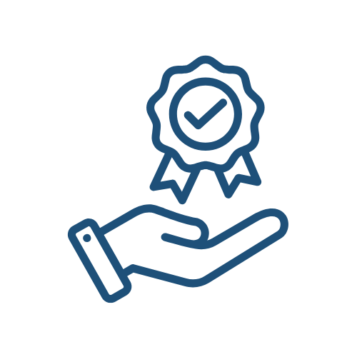 Hand holding a blue award badge with a check mark