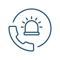 Blue outline icon of a phone handset and ringing service bell inside a circle