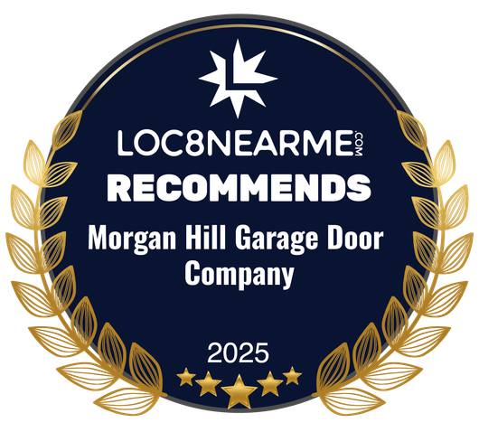 LOC8NEARME Recommends badge for Morgan Hill Garage Door Company, 2025, navy and gold with laurel wreath