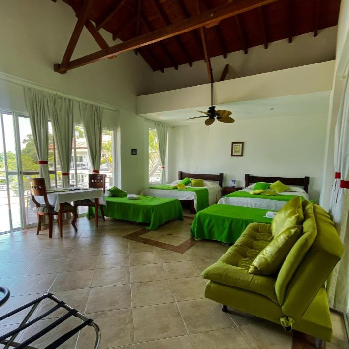 Cuatro camas, una mesa y un sillón