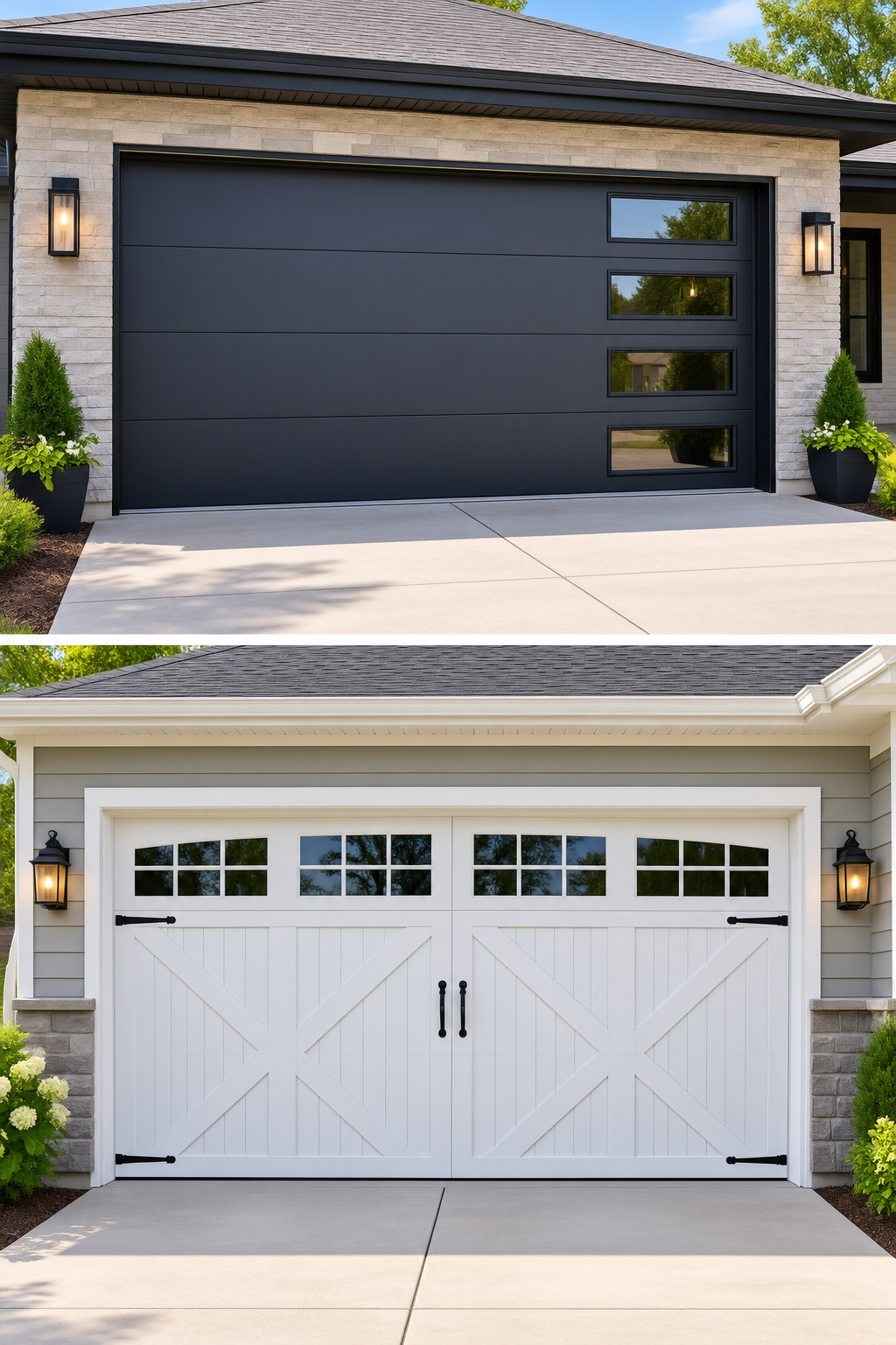 Black garage door with windows along the right side