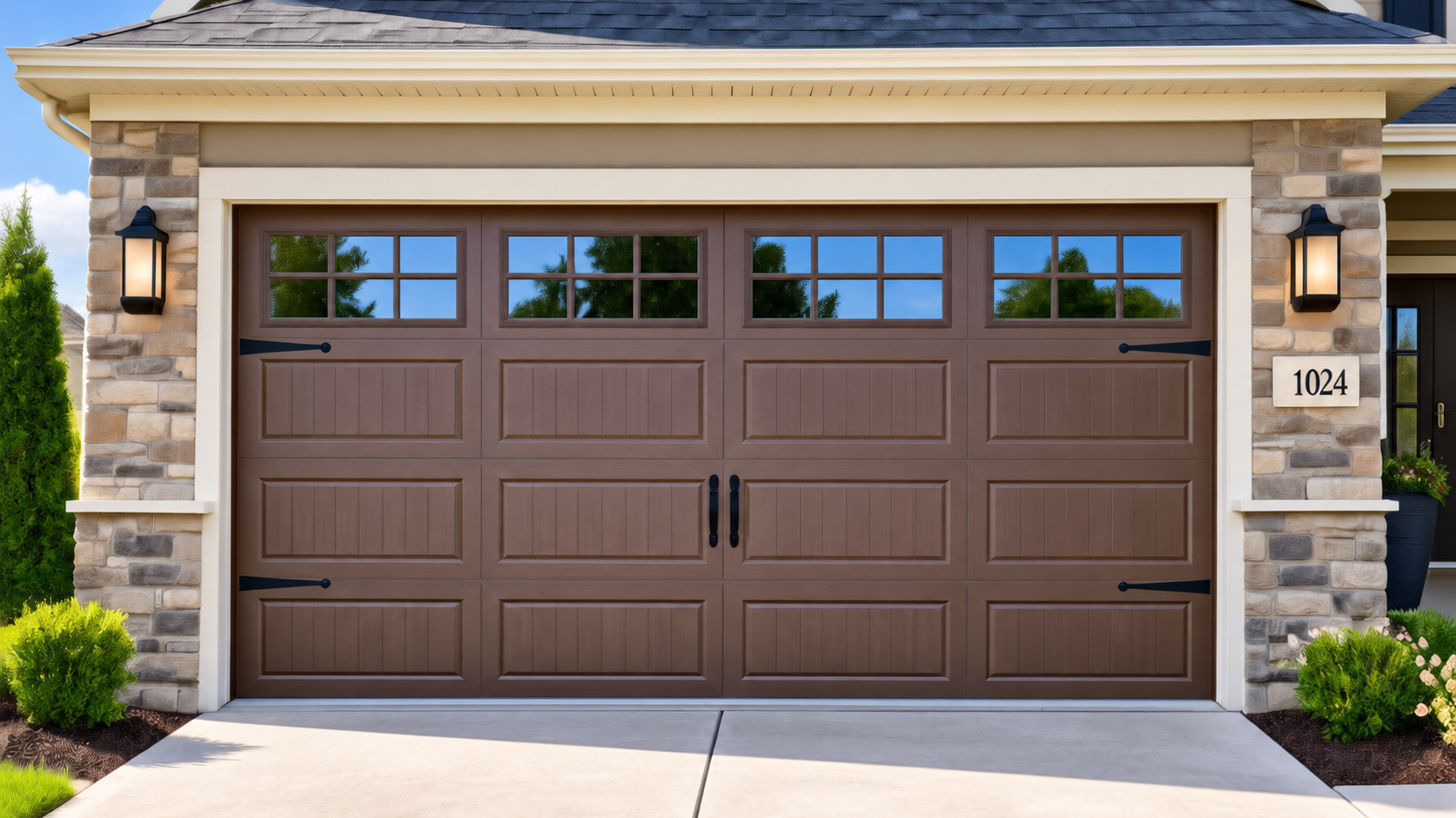 Brown carriage-style garage door with top-row windows
