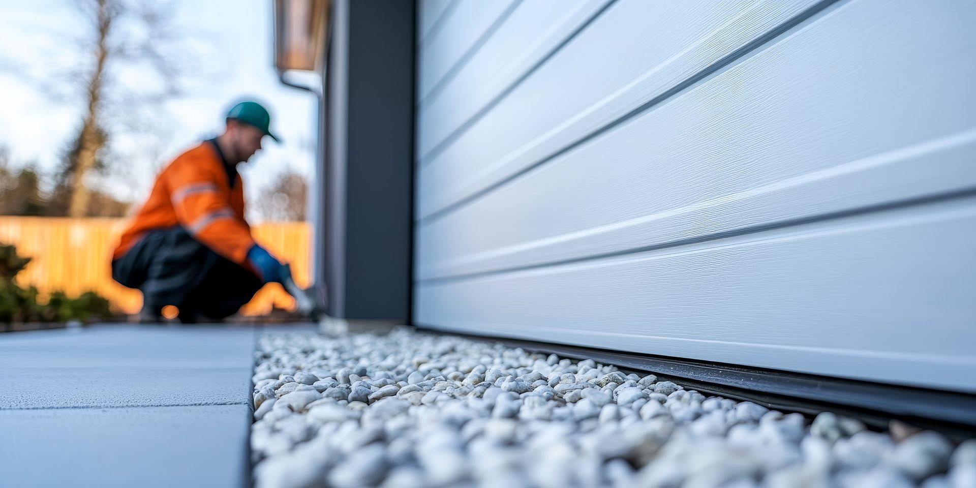 Worker kneeling beside a garage door, inspecting the bottom track above gravel.