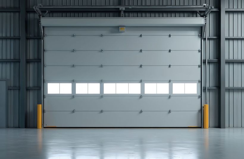 Closed gray industrial roll-up door with windows, inside a warehouse.