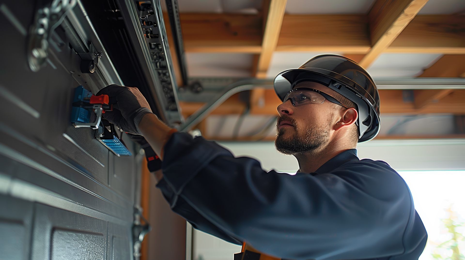 A focused technician installs a garage door opener in a modern home. A focused technician installs a garage door opener in a modern home.