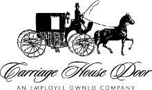 Black and white logo of a horse-drawn carriage with text 