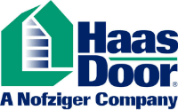 Haas Door logo. Green and blue house shape with door, dark blue text on white. 