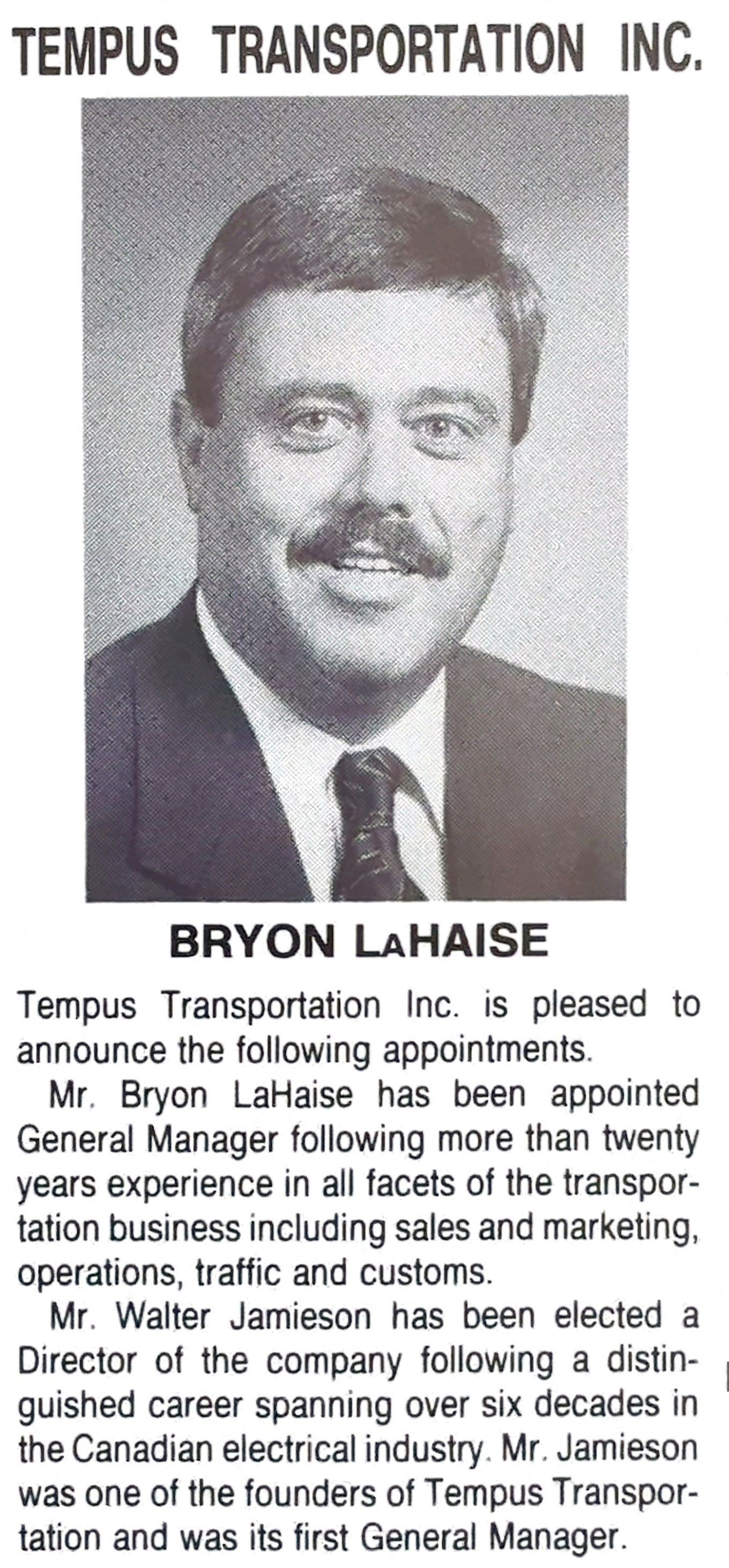 Black-and-white newspaper headshot of Bryon LaHaise for Tempus Transportation Inc. newspaper ad