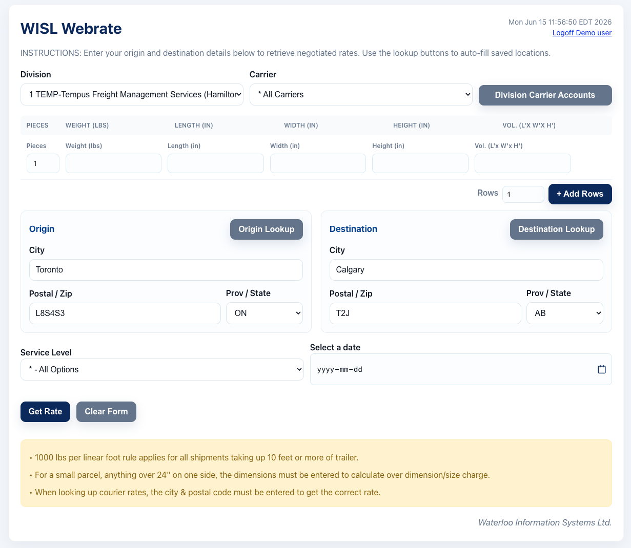 Web app form screen with fields, buttons, and a yellow warning message panel
