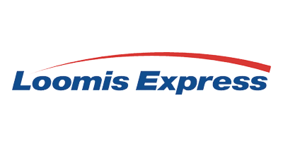 Loomis Express logo with blue text and a red arc above it