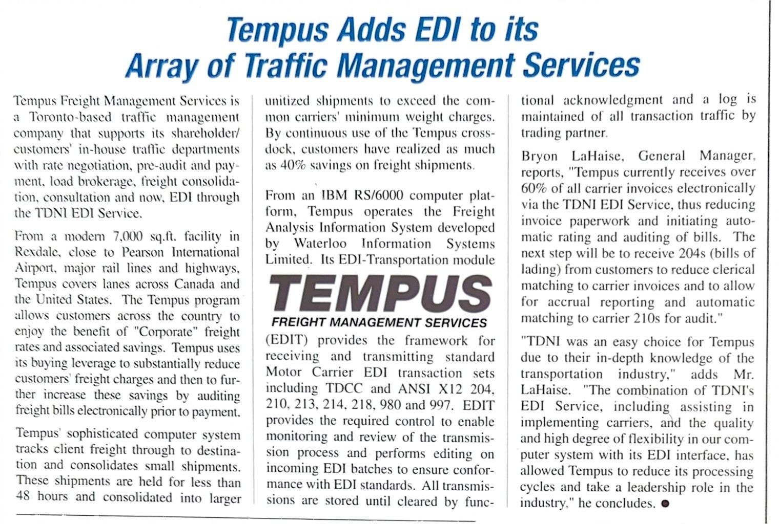 Newspaper clipping with the headline “Tempus Adds EDI to its Array of Traffic Management Services.”