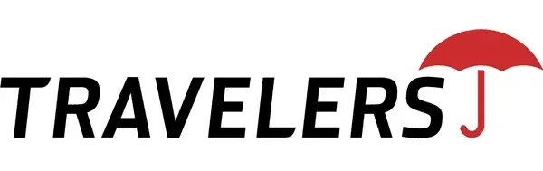 Travelers logo with black text and a red umbrella.