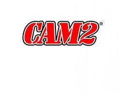 CAM2 logo, red stylized text with black and white outline.