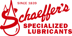 Logo for Schaeffer's Specialized Lubricants in red and white, featuring a stylized oil drop and the text
