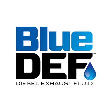 Blue DEF Diesel Exhaust Fluid logo with blue text on a black background and a blue droplet.